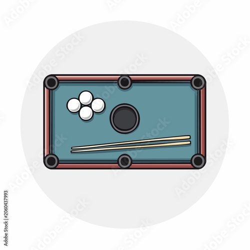 Billiard Table with Balls and Cues