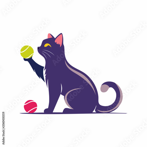 Stylized Black Cat Playing with Tennis Balls