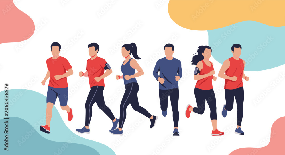 Fototapeta premium Diverse group of six active joggers running in a line across a colorful abstract background, promoting community fitness and health.