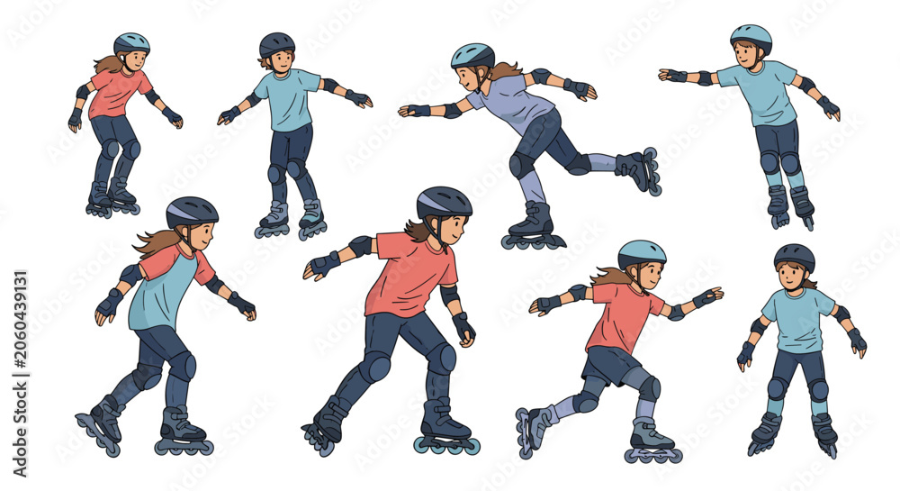 Fototapeta premium Collection of various action poses showing a girl rollerblading with a helmet and protective pads in a flat design.