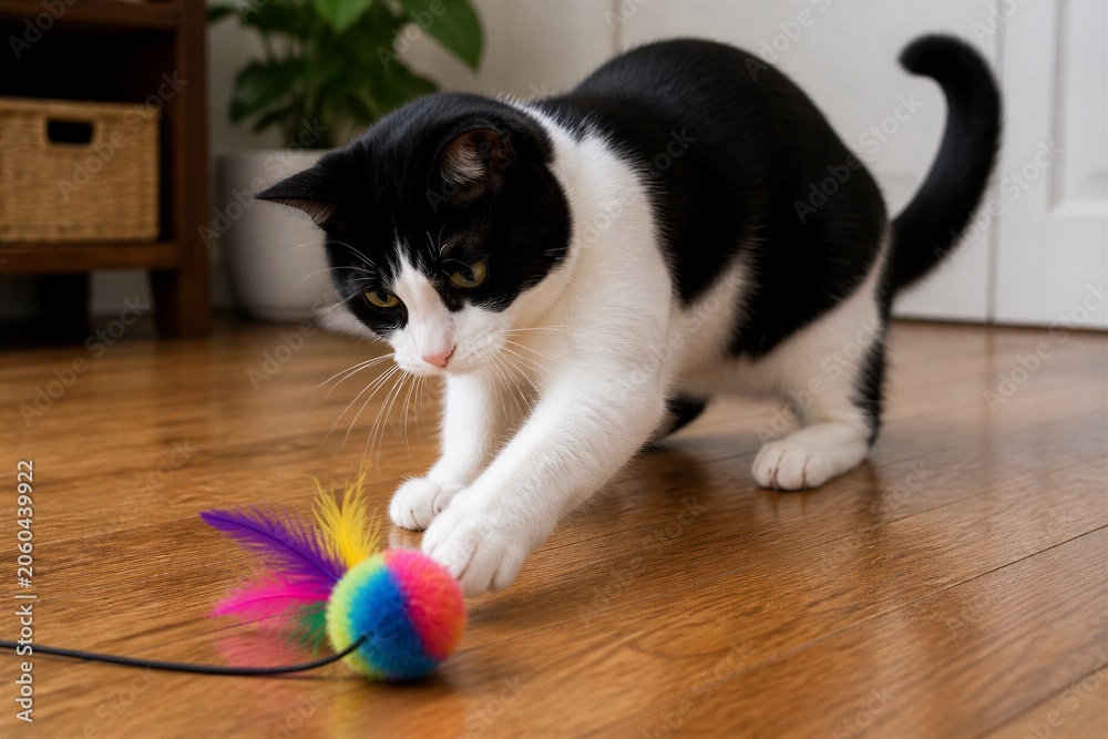Fototapeta premium Black and white cat playing with toy on hardwood floor