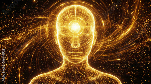 Golden energy: illuminated human figure with glowing third eye