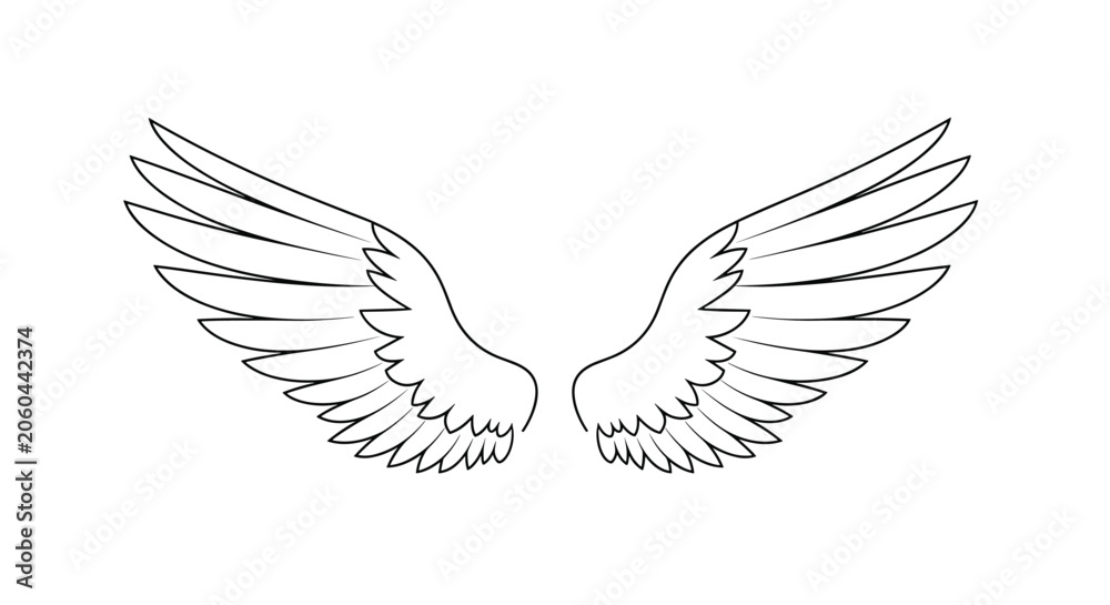 Obraz premium Elegant pair of detailed outstretched white wings with soft feathers isolated on a plain white background.