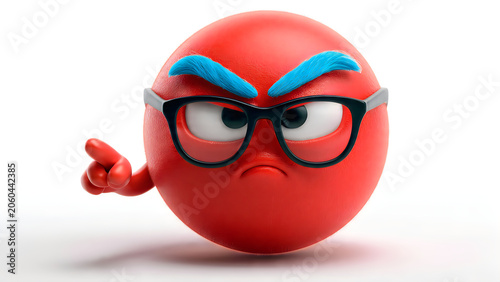 Angry red emoji character wearing black glasses pointing his finger
