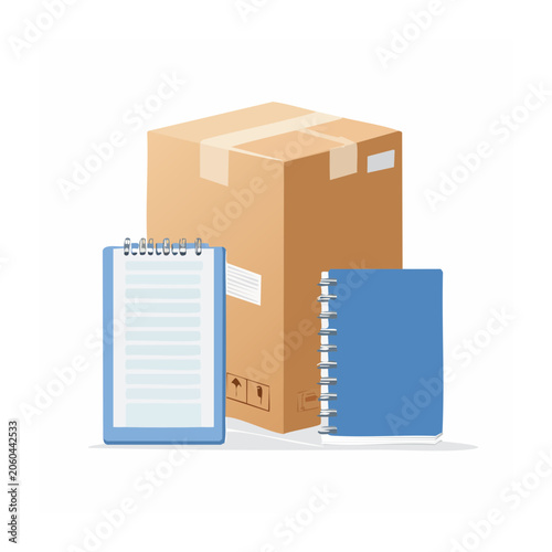 Cardboard Box with Notebooks Flat Design Illustration