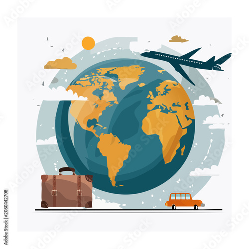 Flat design travel concept with globe and airplane