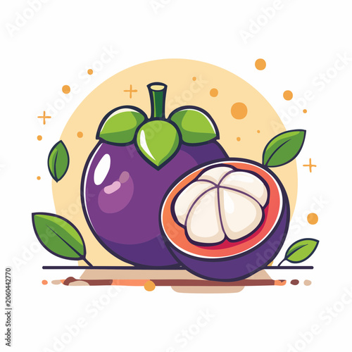 Illustration of a Whole and Halved Mangosteen Fruit