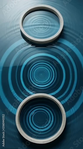 Three circular ripples in blue water with concentric rings expanding outward from impact points on a calm surface