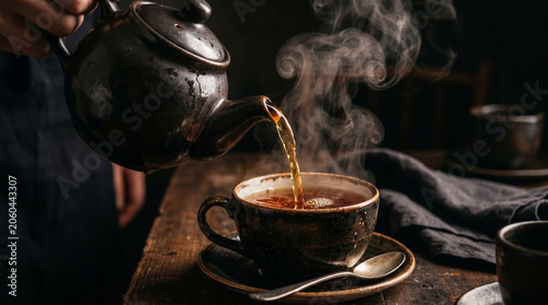 Versement de thé chaud et fumant depuis une théière artisanale dans une tasse sur une table en bois rustique