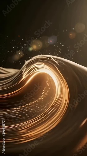 Abstract golden liquid wave flowing with sparkling particles and lens flare against dark background