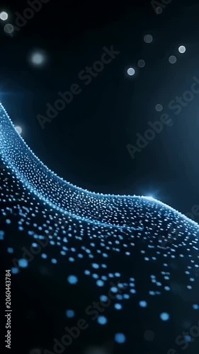 Abstract blue particle wave forming a glowing peak against dark background with bokeh light effects