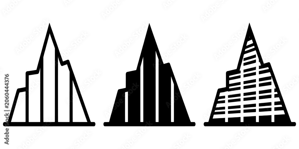 Obraz premium Tall building skyscraper pyramid graphic icons in line art and solid black silhouette styles with building