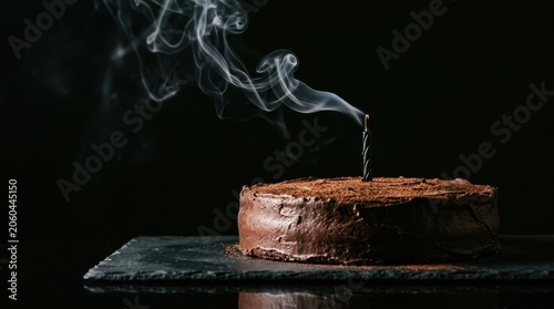 Chocolate birtay cake with extinguished candle emitting smoke against a dark background with selective focus