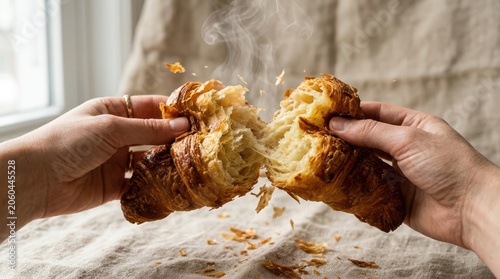Freshly baked flaky croissant torn apart in hands with steam rising during a morning meal with soft window light