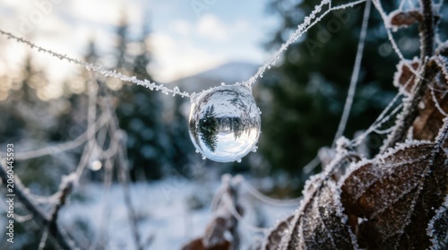 Frozen dewdrop on spiderweb with frosted leaves during winter sunrise in a forest setting