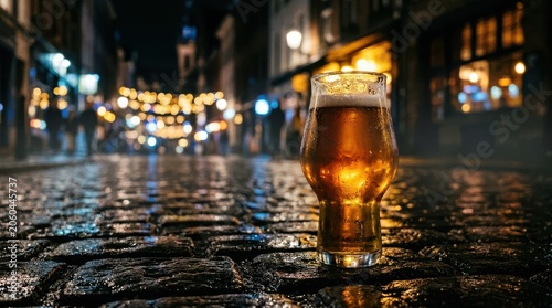 Golden ale in a tulip glass on wet cobblestone street during a festive evening with bokeh lights
