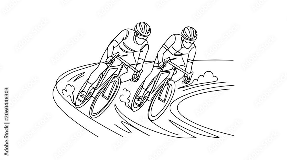 Obraz premium Two cyclists racing on a track, dynamic line art illustration