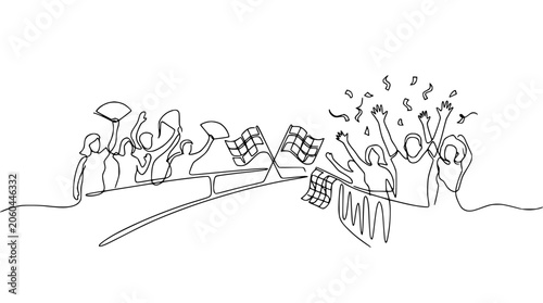 Celebration at finish line with checkered flags, confetti, and cheering crowd in continuous line art style