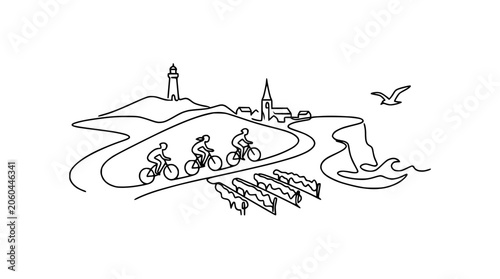 Coastal cycling path with lighthouse, village and sea birds.