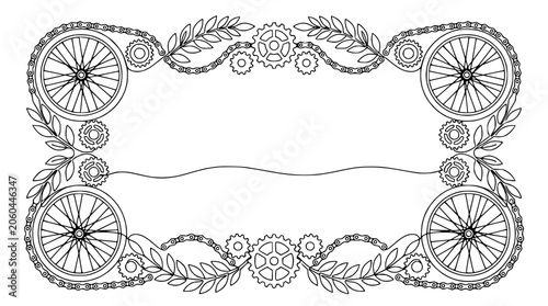 Bicycle Chain Border Frame with Gears and Leaves - Vintage Style