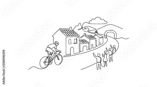 Continuous line drawing of a cyclist racing through a village with spectators cheering