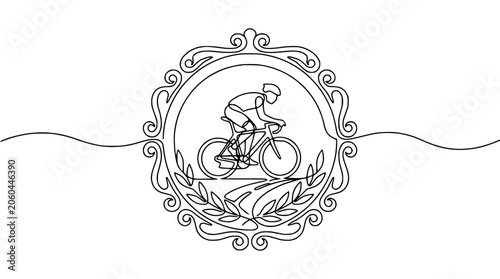 Continuous line drawing of a cyclist in a decorative oval frame, symbolizing sport and achievement.