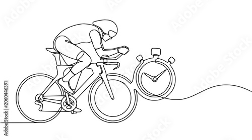 Continuous line drawing of cyclist on time trial bike with stopwatch, sport concept