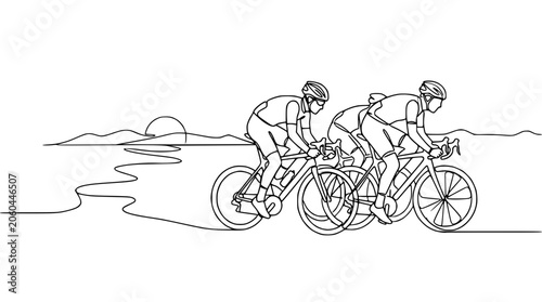 Continuous line drawing of cyclists racing on a road with mountains and sun in the background.