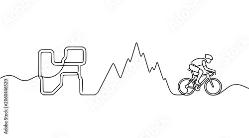 Cyclist on mountain road, single line art, white background, active lifestyle