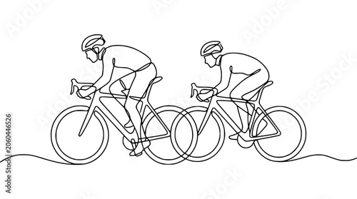 Continuous line drawing of two cyclists racing on bicycles, minimalist sport illustration