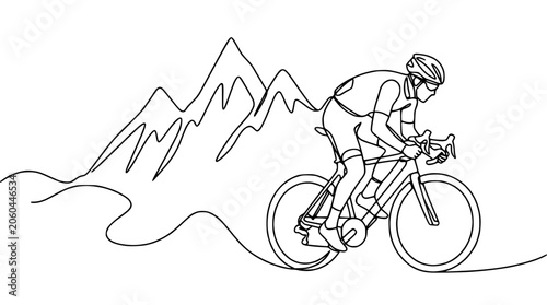 Cyclist riding a bicycle in mountains, continuous line art, active lifestyle