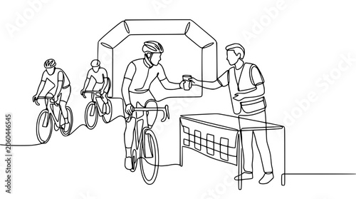 Cyclist receives drink from volunteer at race finish line, continuous line drawing