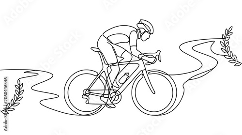 Cyclist Riding Bicycle on Winding Road, Continuous Line Art