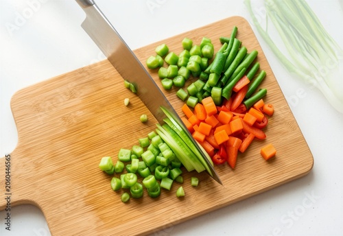 Chopping Fresh Vegetables on Wooden Board