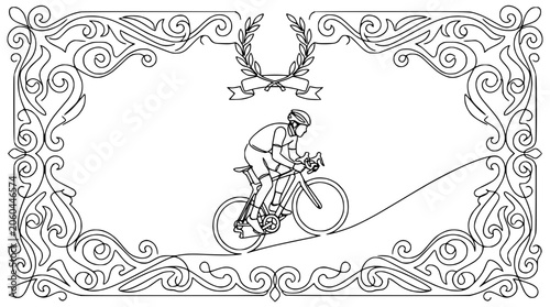 Cyclist Riding Bicycle Up Hill, Decorative Border, Laurel Wreath, Banner, Line Art