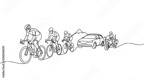 Cyclists Race Past Car and Motorcycle on Mountain Road