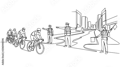 Cyclists Race Through City with Traffic Control Officers, Continuous Line Drawing