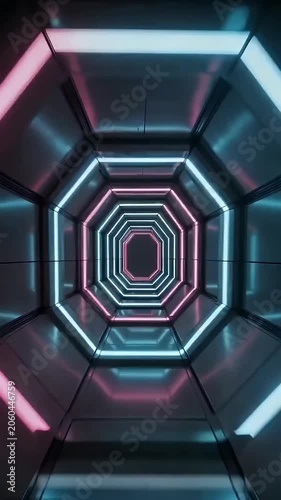 Futuristic hexagonal tunnel with glowing neon lights in pink and blue hues creating a sci fi corridor perspective view