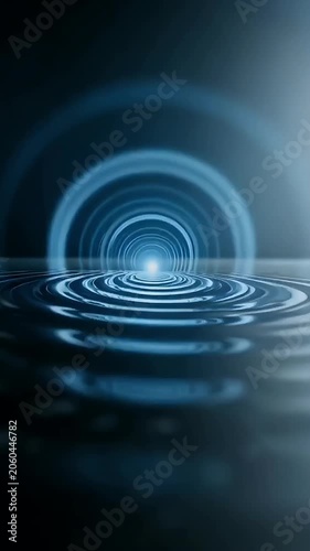 Glowing concentric rings ripple across dark blue water surface toward bright light source in futuristic tunnel scene