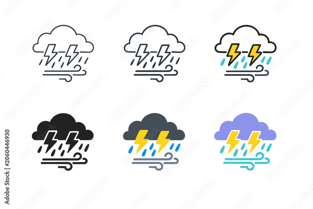 Fototapeta premium Storm conditions icon showing dark clouds, lightning bolts, rain, and wind symbols arranged to represent severe weather, repeated