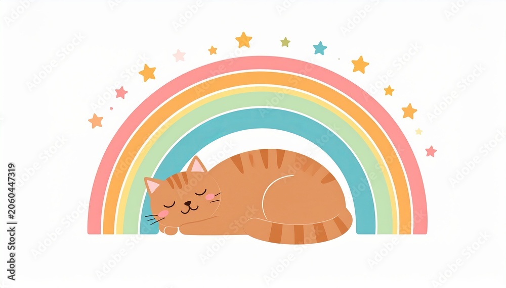 Naklejka premium Curled Sleeping Cat Rests Peacefully Beneath a Colorful Rainbow Arch With Twinkling Stars