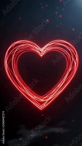 Glowing red heart shape formed by swirling light trails against dark background with floating particles