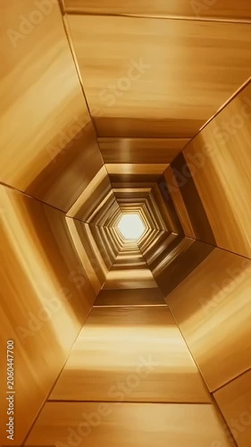 Golden hexagonal tunnel with light at end viewed from inside looking upward through reflective metallic walls and ceiling panels