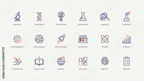 Rounded square tiles research and innovation vector icon sheet – Great for pharmaceutical companies, scientific data analysis platforms, or clinical trial reports.