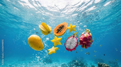 Tropical fruits floating underwater with bubbles and small fish during bright daylight