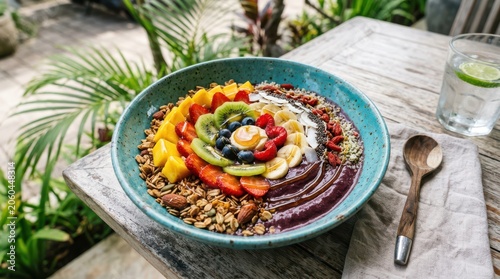 Vibrant acai bowl with fresh fruits and granola in a tropical setting with soft natural light