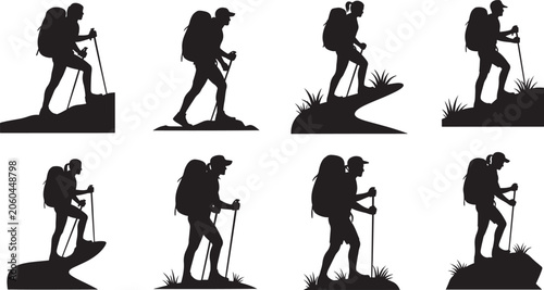 Fotografie Mountain hiker trekking silhouette set high quality vector silhouette illustration editable scalable