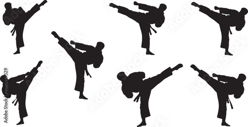 Set of martial arts taekwondo kicking stances, high quality vector silhouette illustration design.