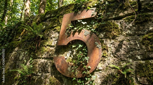 Large Rusty Corten Steel Number 5 Mounted on an Ancient Stone Wall Overgrown with Green Ivy and Moss.