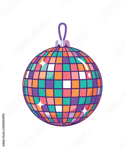 Colorful disco ball ornament with mosaic tiles and purple hanger, disco ball, ornament, mosaic, tiles, colorful, purple, party,